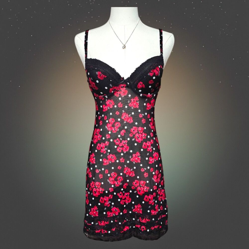 Marilyn Monroe‎ Womens Medium Chemise Black Floral Polka Dot Lace Lingerie NWOT
